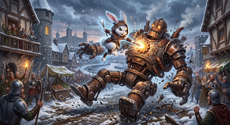 Vincenz leaps at a towering rusty robot in a snowy market square